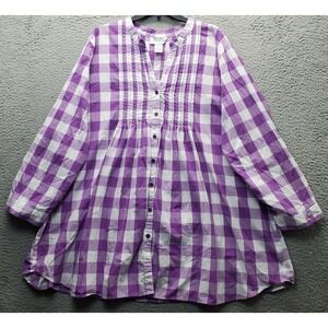 Mainstreet Blues Tunic Top Womens 3X Multi Plaid Long Sleeve V-Neck Button Front